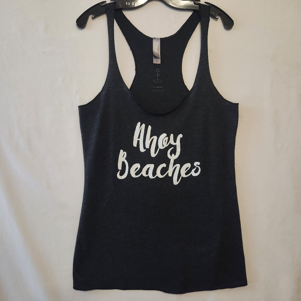 Dark Gray "Ahoy Beaches" Graphic Racerback Tank Top